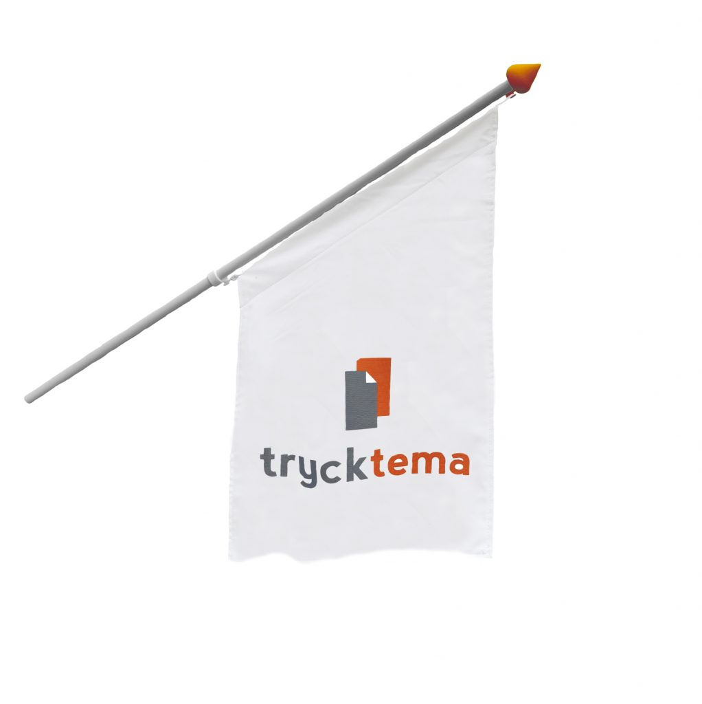 Tygflagga för fasad med eget tryck på vit stång